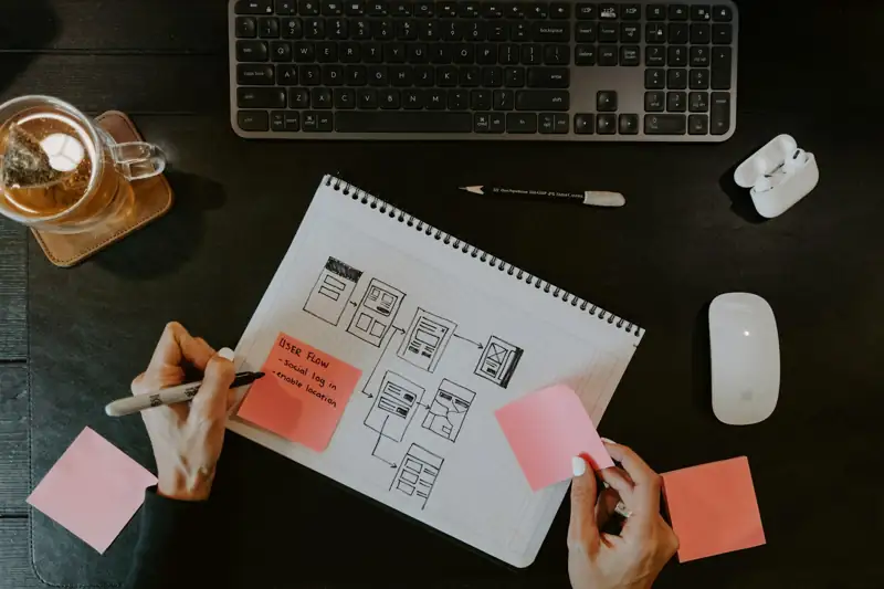 Hands sketching a marketing plan on paper with sticky notes